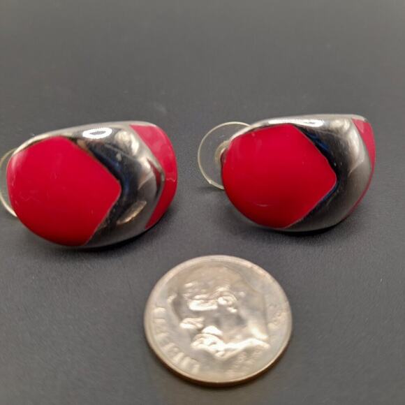Vintage Red Enamel Silver Tone Post Earrings, 1 Inch - Picture 6 of 11